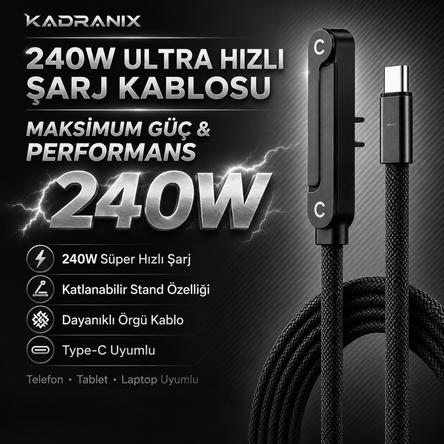 Kadranix™ 240W Standlı Type-C Hızlı Şarj Kablosu