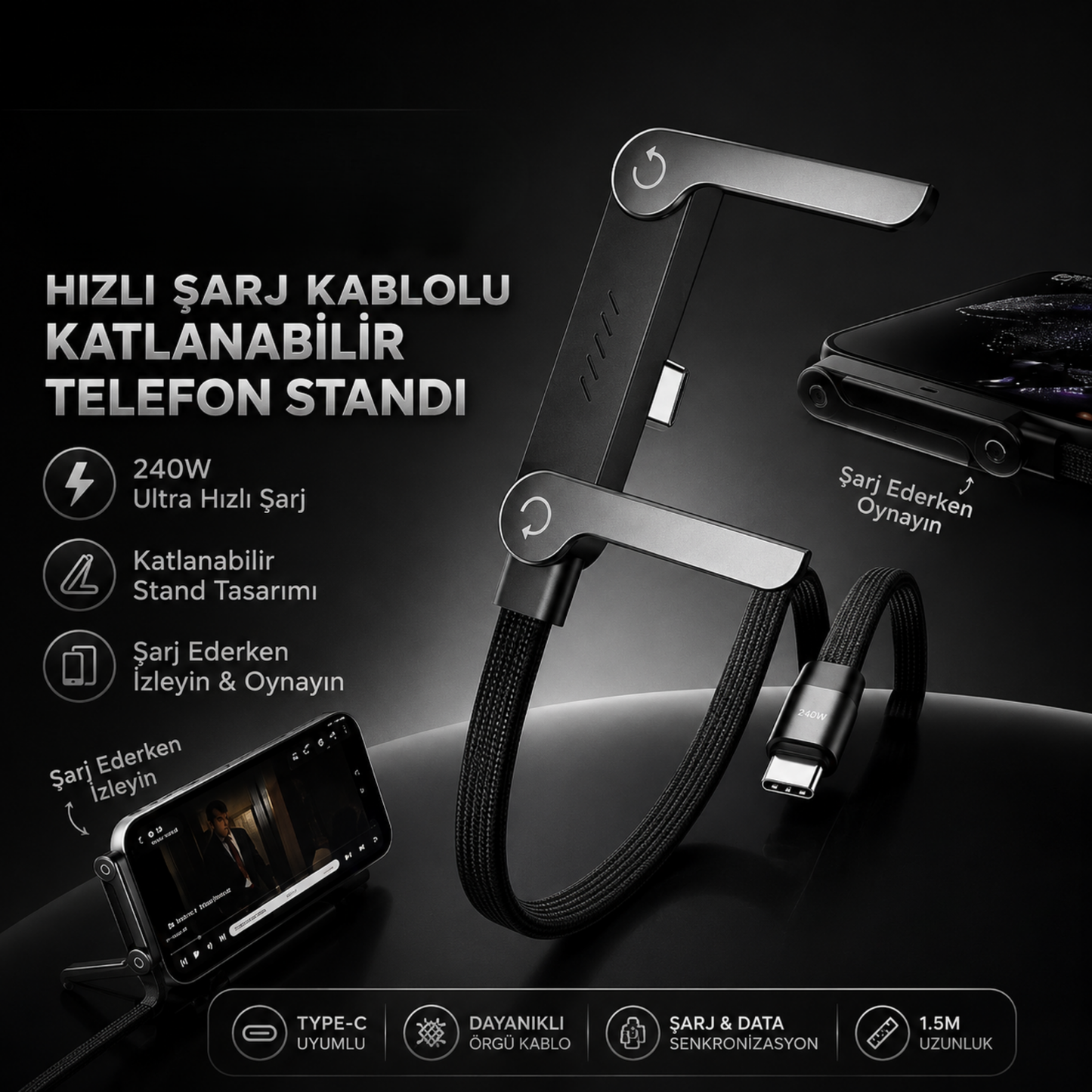 Kadranix™ 240W Standlı Type-C Hızlı Şarj Kablosu